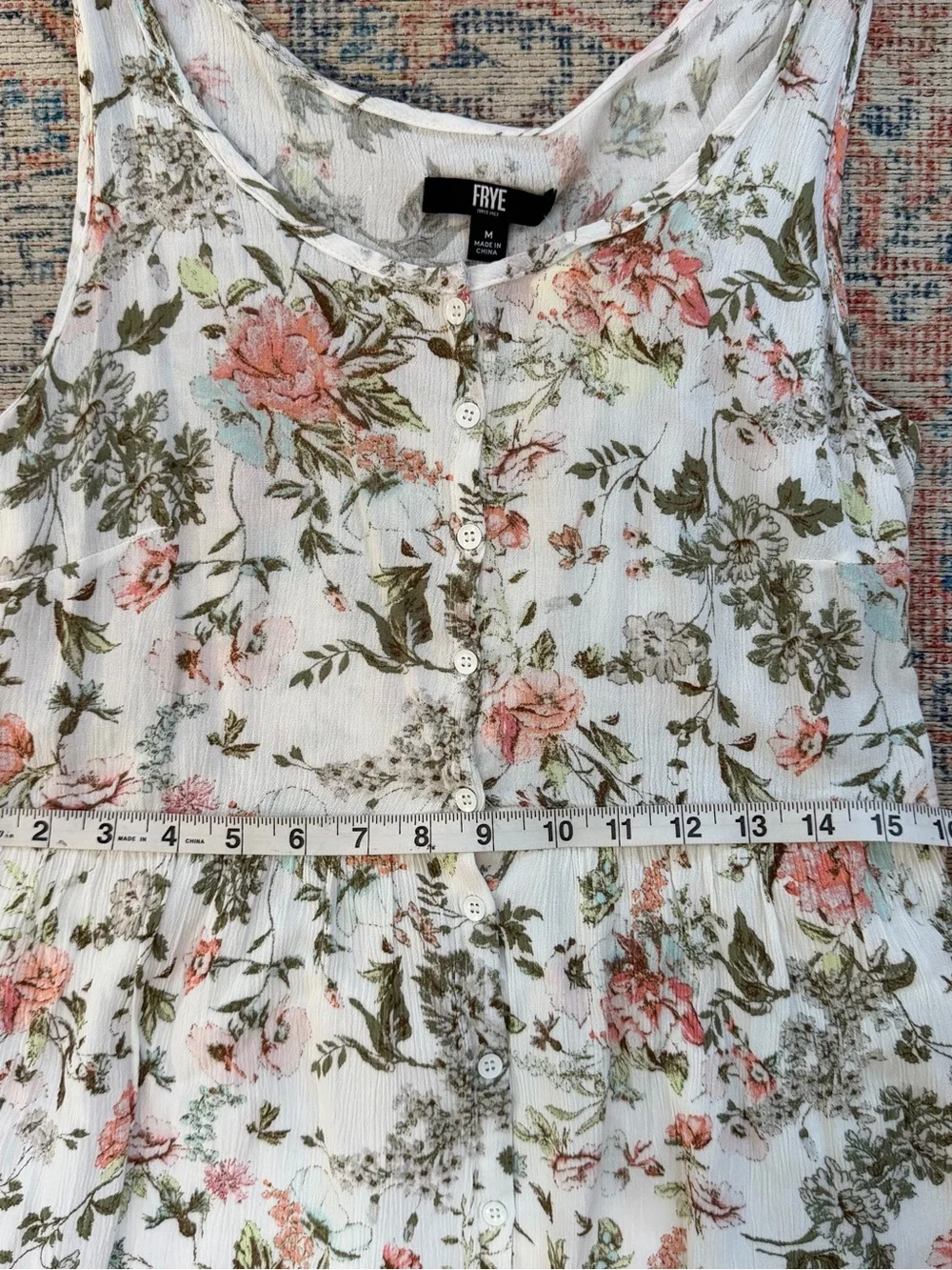 FRYE Dress White Pink Green Floral Sundress Button Front Midi Spring Summer M - Picture 8 of 8